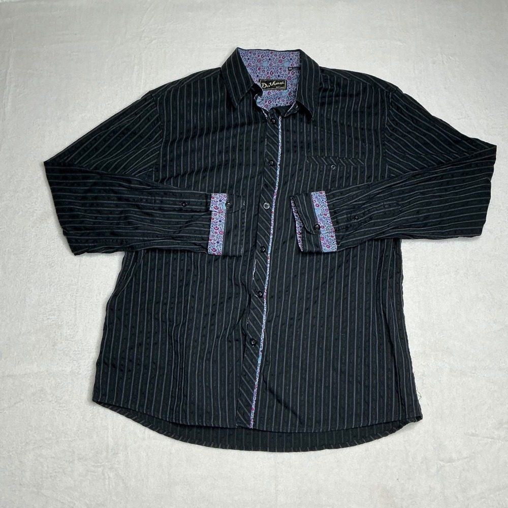 DaVinci Mens Dress Shirt Black Pinstripe Paisley Trim Button Up‎ XL Cotton